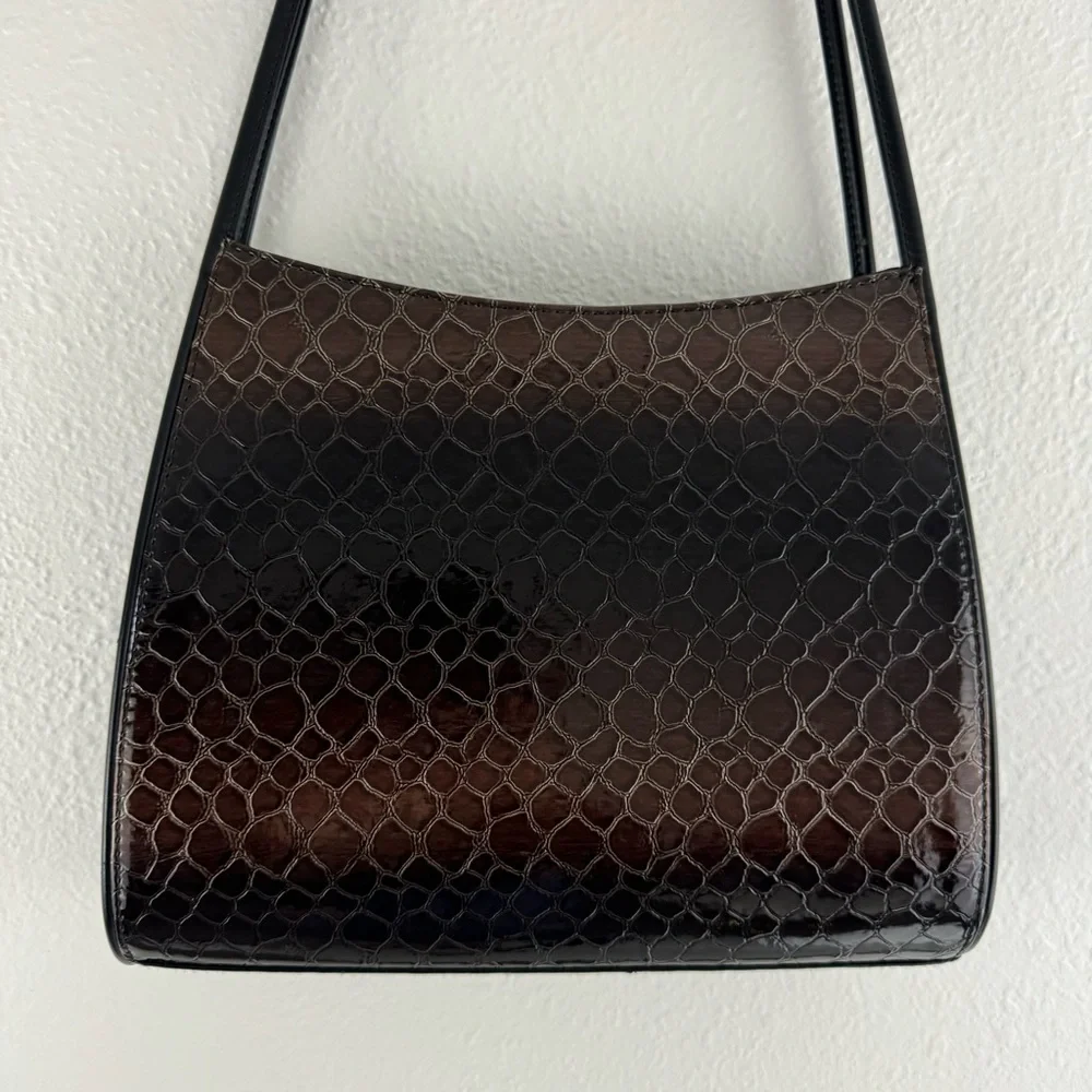 Vintage 90s Black Dark Brown Shiny Faux Leather Croc Embossed Shoulder Bag